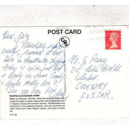 Heacham Norfolk Lavender Farm Postcard posted 1994 creased