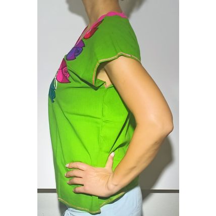 Multicolor Roses Bouquet Embroidered Cotton Canvas Green Blouse Chiapas Mexico
