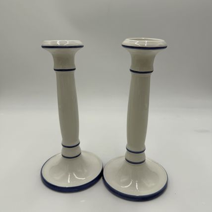 VTG Este Ceramiche Pottery Italy Ceramic candle holders 8.5” White & Blue # 491