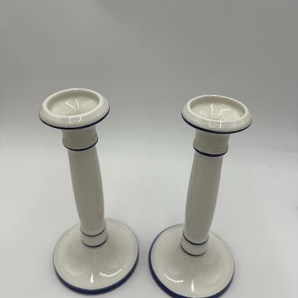 VTG Este Ceramiche Pottery Italy Ceramic candle holders 8.5” White & Blue # 491