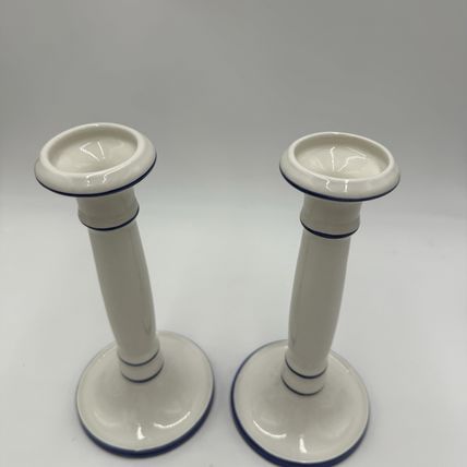 VTG Este Ceramiche Pottery Italy Ceramic candle holders 8.5” White & Blue # 491