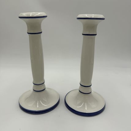 VTG Este Ceramiche Pottery Italy Ceramic candle holders 8.5” White & Blue # 491