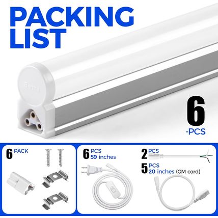 Barrina (6 Pack LED T5 Integrated Single Fixture, 4FT, 2200Lm, 6500K Super Brigh