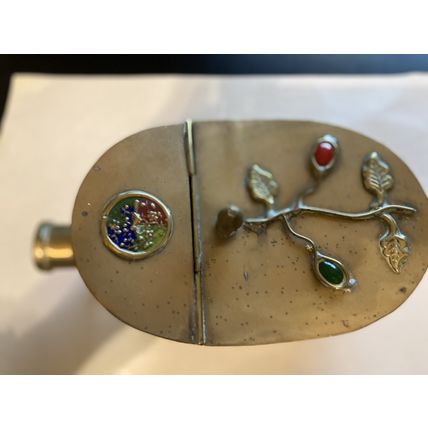 Vintage Chinese Brass Silk Iron with Lid - Floral Detail and Enamel "Jewels"