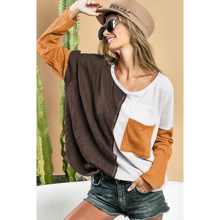 Brown Color Block Patchwork Chest Pocket Long Sleeve Top