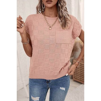 Dusty Pink Lattice Textured Knit Short Sleeve Sweater