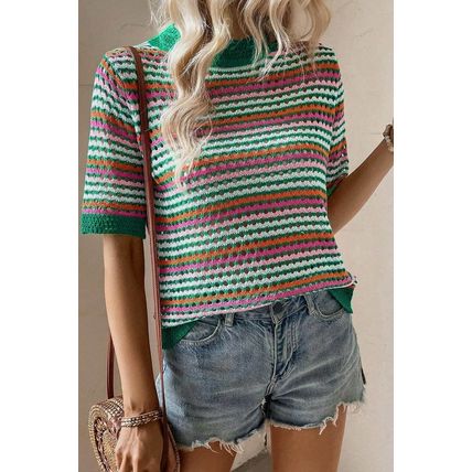 Dark Green Striped Pattern Contrast Trim Pointelle Knit T Shirt