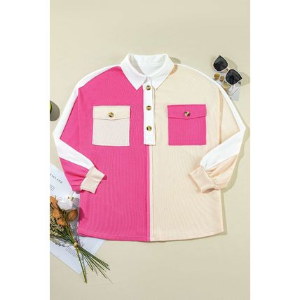 Rose Red Colorblock Ribbed Collared Oversized Sweatshirt