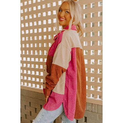 Rose Red Colorblock Curved Hem Corduroy Shacket with Pocket