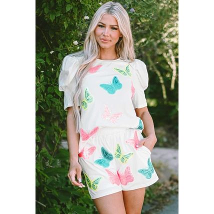 White Colorful Sequin Butterfly Puff Sleeve Top Shorts Set