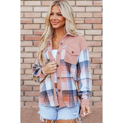 Light Pink Plaid Corduroy Patchwork Chest Pocket Shacket