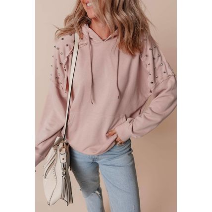 Fushia Solid Color Rivet Stud Raglan Sleeve Hoodie with Pocket