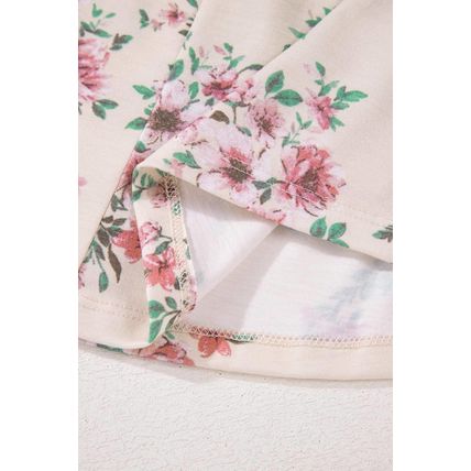 Pink Floral Print Pleated U Neck Loose Fit Blouse