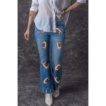Sky Blue Sequin Rugby Football Pattern High Waist Distressed Flare Jeans