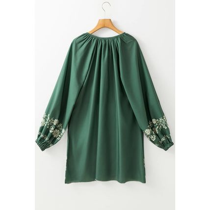 Mist Green Tie Neck Boho Floral Pattern Puff Sleeve Shift Dress