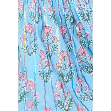 Sky Blue Floral Striped Print Shirred Yoke Split Neck Blouse