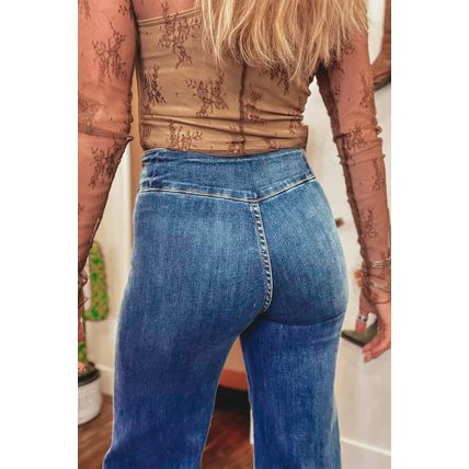 Sail Blue High Waist Button Fly Seamed Raw Hem Flare Jeans