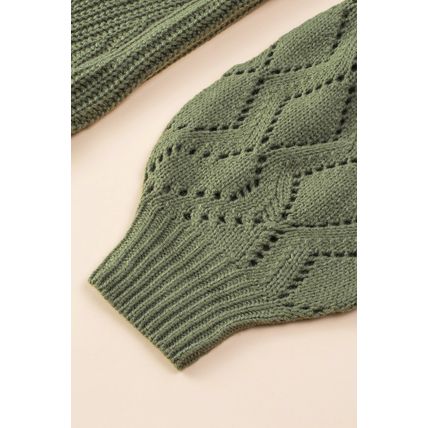 Green Hollow-out Puffy Sleeve Knit Sweater