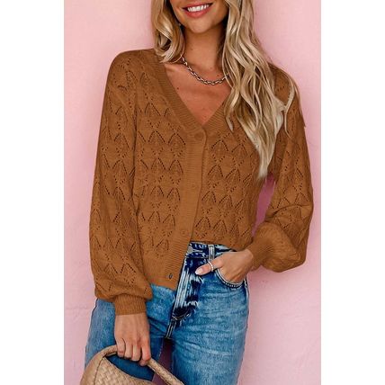 Brown Lightweight Buttoned Front Crochet Cardigan
