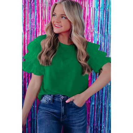 Dark Green Tulle Ruffle Sleeve Blouse