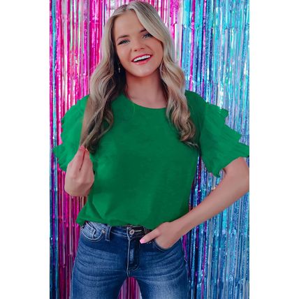 Dark Green Tulle Ruffle Sleeve Blouse