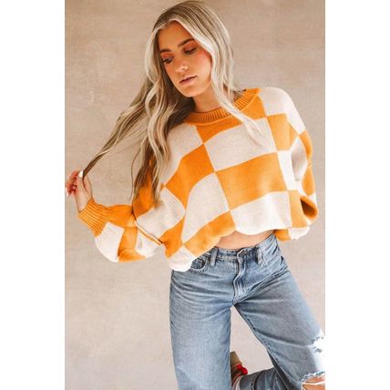 Orange Checkered Bishop Sleeve Sweater
