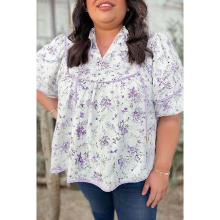 Purple Floral Trimmed Detail Split Neck Plus Size Top