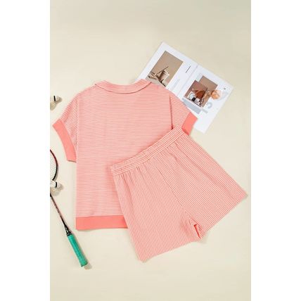 Orange Stripe Loose Polo T Shirt and Shorts Plus Size 2pcs Outfit