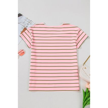 Pink Stripe V Neck Slim Fit Casual T Shirt