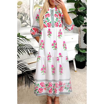 White Floral Print Half Button Mandarin Neck 3/4 Sleeve Maxi Dress