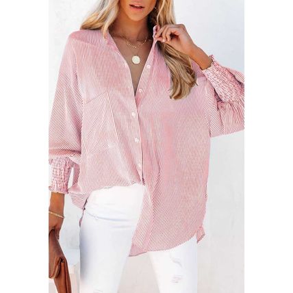 Red Stripe Smocked Cuffed Striped Boyfriend Shirt with Pocket