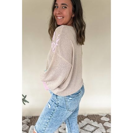 Jet Stream Contrast Flower Detail Colorblock Cuffed Loose Sweater
