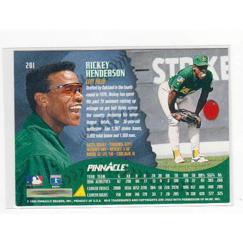 1995 Pinnacle Rickey Henderson baseball card #201 –HOF-Athletics