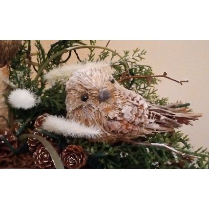 Artificial Winter Arrangement: 2 Beige Birds-White Plumes-Greenery in Metal Vase