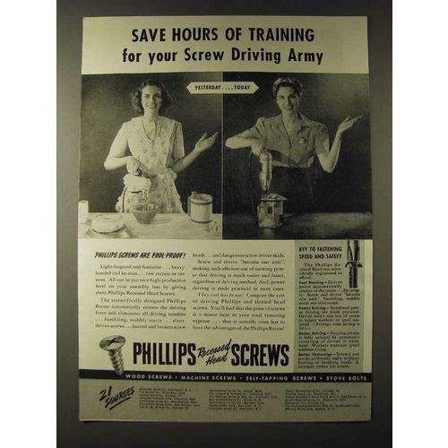 1943 Phillips Recessed Head Screws Ad - Save hours of training