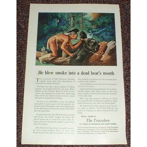 1947 Travelers Insurance Ad, Indian Blew Smoke in Bear!