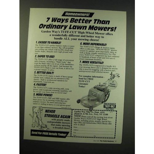 1987 Garden Way Mfg. Tuff-Cut High-wheel Mower Ad - Homeowners! 7 ways better