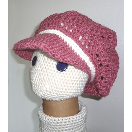 HAT #AH003 newsboy newsgirl brim visor crochet acrylic dusky pink adult size