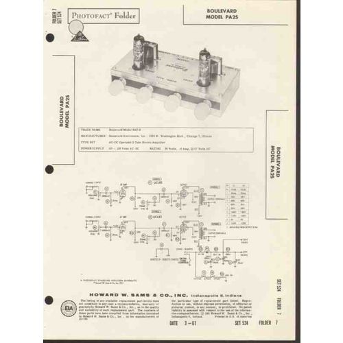 BOULEVARD model PA25 2 tube stereo amplifier Sams Photofact manual