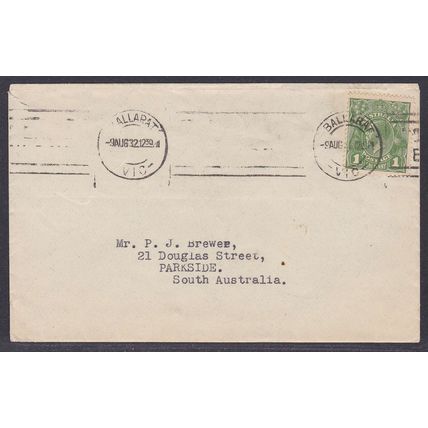 AUST 1d Green KGV HEAD cover BALLARAT-VIC to PARKSIDE-STH.AUST dated 9.AUG.32