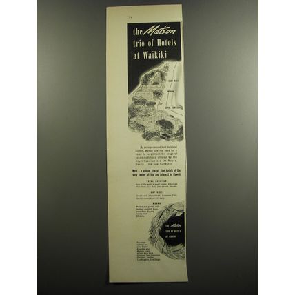 1952 Matson Hotels Advertisement - Royal Hawaiian, Surf Rider, Moana