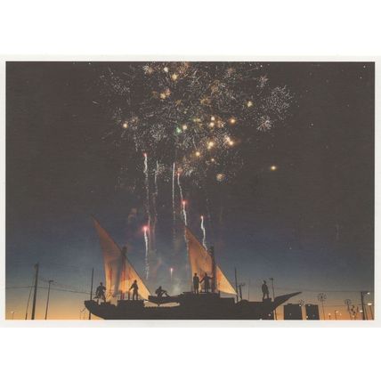 Pirate Silhouette Ravers On Ship Firework Display German Postcard