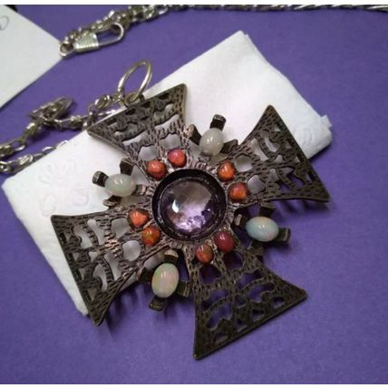 Metal Gothic cross with fire opals 30-inch chain link
