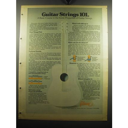 1975 Gibson Guitar Strings Ad - Strings 101. A basic course in sonic properties