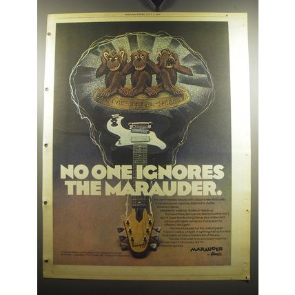 1975 Fender Marauder Guitar Ad - Hear Evil See Evil Speak Evil No One Ignores
