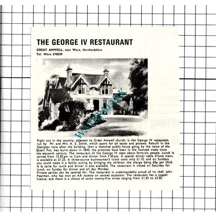 The George IV Restaurant Great Amwell Hertfordshire Smith Advert - 1974 Clipping