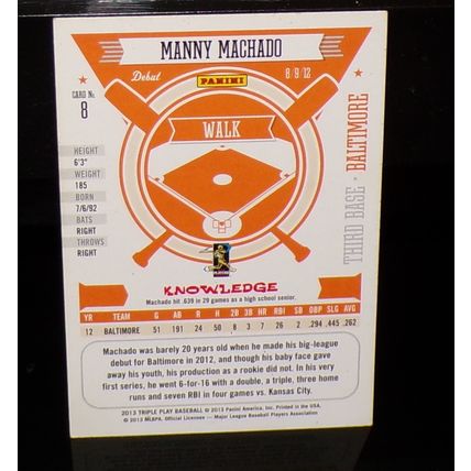 PANINI 2013 TRIPLE PLAY MANNY MACHADO WALK BASEBALL CARD #8