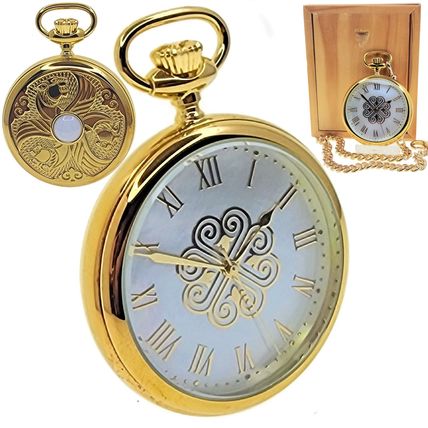 14K Gold Plated Men Big Heavy Brass Pocket Watch White MOP Dial + MOP Stone