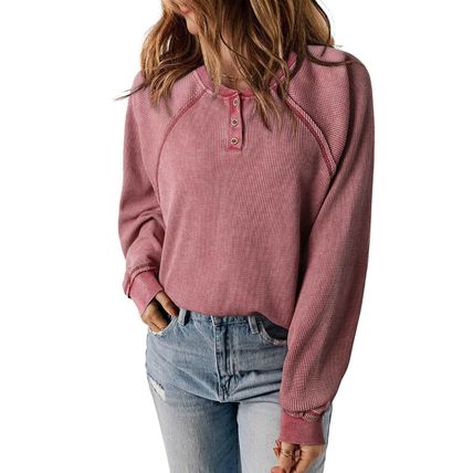 Red Waffle Knit Raglan Sleeve Henley Sweatshirt