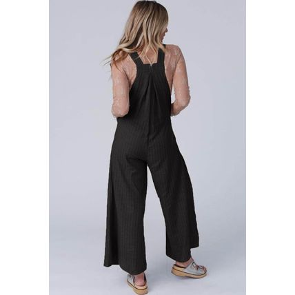 Black Striped Pleated Wide Leg Pocketed Jumpsuit